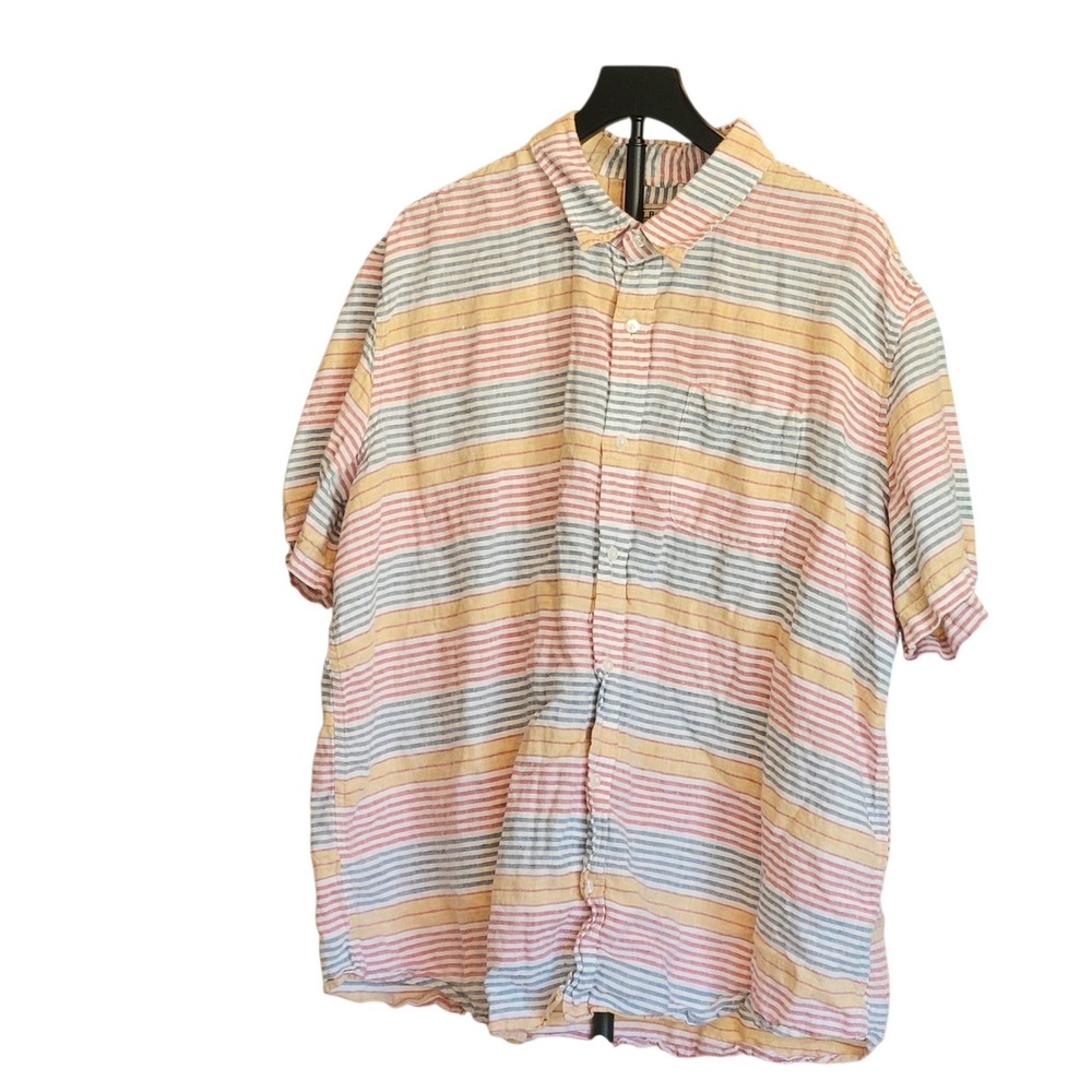 LL Bean Mens Linen Short Sleeve Button Up Striped Shirt XXL Coastal 296548